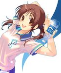  aoi_sora_(pairan) arms_up bad_id bad_pixiv_id bangs blush bottle brown_eyes brown_hair face hair_ornament hairclip looking_at_viewer open_mouth original pairan pocari_sweat product_placement round_teeth short_sleeves smile solo teeth twintails water water_bottle 