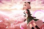  bad_id bad_pixiv_id black_hairband blue_eyes cherry_blossoms fingerless_gloves flying gloves hairband konpaku_youmu konpaku_youmu_(ghost) looking_back open_mouth oyaji-sou petals short_hair smile solo sunlight touhou white_hair 