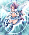  1girl aono_miki blue_choker blue_footwear blue_skirt boots choker cure_angel_(fresh_precure!) cure_berry eyelashes fresh_precure! hair_ornament heart heart_hair_ornament knee_boots long_hair magical_girl midriff navel precure purple_eyes purple_hair skirt solo thigh_boots thighhighs wings zettai_ryouiki 