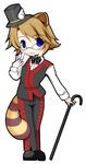  animal_ears blue_eyes brown_hair cane card chibi glasses hat holding holding_card male_focus raccoon_(trickster) raccoon_ears raccoon_tail solo tail top_hat trickster wings 