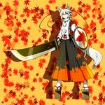  animal_ears bad_id bad_pixiv_id detached_sleeves geta hat highres inubashiri_momiji red_eyes shield short_hair silver_hair solo sword tail tengu-geta tokin_hat touhou weapon wolf_ears wolf_tail yoshida_hideyuki 