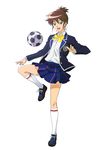  artist_request ball blue_eyes blue_skirt bow bowtie brown_hair highres leg_lift maeda_itsuki official_art plaid ponytail school_uniform shoes short_hair skirt sneakers soccer_ball solo telstar tokimeki_memorial tokimeki_memorial_4 tomboy 