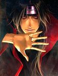  black_hair close-up glowing glowing_eyes hands headband jewelry lily_(artist) lips long_hair lowres male_focus naruto naruto_(series) pink_eyes ring shiny smile solo trench_coat uchiha_itachi 