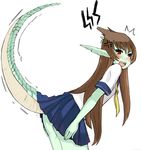  1girl anger_vein ass blush brown_hair dragon_girl dragon_tail fang flat_chest green_skin hinsi inconvenient_tail leaning_forward long_hair monster_girl original pleated_skirt pointy_ears red_eyes ryuujin_no_senpai scales school_uniform serafuku skirt solo tail tail_lift 