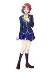  artist_request blazer blue_skirt bow bowtie hand_on_own_chest highres hoshikawa_maki jacket kneehighs official_art open_mouth orange_eyes plaid red_hair school_uniform shoes short_hair skirt socks solo tokimeki_memorial tokimeki_memorial_4 