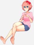  1girl barefoot blue_eyes bow doki_doki_literature_club feet hair_bow legs_crossed looking_at_viewer pink_hair sayori_(doki_doki_literature_club) scathegrapes shorts smile soles toes 