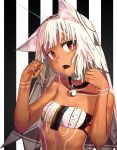  1girl altera_(fate) animal_ears bangs bare_arms bare_shoulders bell bell_collar black_nails blunt_bangs breasts cat_ears collar collarbone dark_skin fate/grand_order fate_(series) full_body_tattoo headdress i-pan looking_at_viewer nail_polish red_eyes revealing_clothes short_hair small_breasts solo tan tattoo white_hair younger 