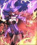  1girl arc_system_works black_sclera blazblue blazblue:_central_fiction breasts cape dress fire gloves glowing glowing_eyes hair_over_one_eye hat konoe_a_mercury large_breasts long_hair phantom_(blazblue) pink_hair short_dress smile solo thighhighs witch_hat yellow_eyes 