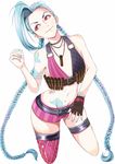  1girl belt blue_hair braid bullets jinx_(league_of_legends) league_of_legends long_hair necklace pink_eyes shorts single_thighhigh tattoo twin_braids 