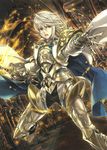  alternate_costume armor cape fire_emblem fire_emblem_cipher fire_emblem_if glowing glowing_weapon kamui_(fire_emblem) looking_at_viewer male_focus my_unit_(fire_emblem_if) nintendo official_art pointy_ears red_eyes scan silver_hair solo spiked_hair sword 