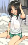  1girl barefoot black_hair blush feet flat_chest kikurage_(crayon_arts) looking_at_viewer shirt shorts solo t-shirt 