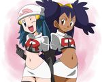  2girls blue_eyes blue_hair brown_eyes dark_skin hainchu hikari_(pokemon) iris_(pokemon) multiple_girls navel nintendo pokemon team_rocket_(cosplay) 