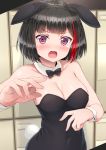  10s 1girl animal_ears bang_dream! bangs bare_shoulders black_hair black_neckwear blunt_bangs blush bow bowtie breasts bunny_ears bunny_tail bunnysuit cleavage detached_collar eyebrows_visible_through_hair fake_animal_ears highres large_breasts looking_at_viewer mitake_ran multicolored_hair naitou_kirara open_mouth pink_eyes red_hair short_hair solo tail two-tone_hair 