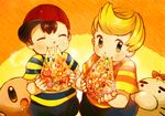  4boys black_hair blonde_hair crossover food kirby kirby_(series) lucas mother_(series) mr_saturn multiple_boys ness nintendo pizza short_hair super_smash_bros. 