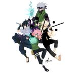  1girl 3boys aura escrima_stick glowing half_mask haruno_sakura hatake_kakashi markings multiple_boys naruto naruto_shippuuden silver_hair simple_background stray-ink92 uchiha_sasuke uzumaki_naruto 