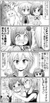  4koma anastasia_(idolmaster) cat celebi_ryousangata check_translation comic cuddling dress greyscale idolmaster idolmaster_cinderella_girls kanzaki_ranko long_hair maekawa_miku monochrome multiple_girls nitta_minami short_hair translated translation_request 