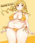  1girl belly blonde_hair blush breasts drill_hair fat female large_breasts long_hair looking_at_viewer mahou_shoujo_madoka_magica navel plump smile solo standing swimsuit takagi_hideaki takaginch thick_thighs tomoe_mami twin_drills wide_hips yellow_eyes 