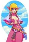  1girl bangs blonde_hair blue_eyes blunt_bangs breasts female flashing nintendo nipples open_clothes pointy_ears princess_zelda skyward_sword solo the_legend_of_zelda the_legend_of_zelda:_skyward_sword whatsalewd 