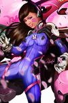  1girl bangs bodysuit brown_hair d.va d.va_(overwatch) facial_mark futumbo hana_song headphones long_hair mecha overwatch solo 