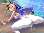  blonde_hair blush brown_eyes cape censored clothed_sex cum earrings from_behind jewelry looking_back shantae sky_(shantae) torn_clothes vaginal wayforward 