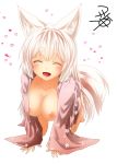  1girl all_fours animal_ear_fluff animal_ears areolae blush breasts collarbone eyebrows_visible_through_hair eyes_closed facing_viewer fang floral_print fox_ears fox_tail heart japanese_clothes kimono kohaku_(yua) large_breasts long_hair looking_at_viewer nipples open_clothes open_kimono open_mouth original signature smile solo tail thick_eyebrows white_hair yua_(checkmate) 