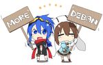  &gt;:| 2girls :3 =_= blue_hair bodysuit brown_hair chibi choujigen_game_neptune commentary_request compile_heart gust_(choujigen_game_neptune) hat idea_factory long_hair more_deban multiple_girls neptune_(series) nippon_ichi_(choujigen_game_neptune) parody ponytail sign sweatdrop tears 