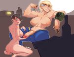  2girls abs areolae blonde_hair blue_eyes bodysuit bottle breasts brown_hair cigar clothes_around_waist curie_(fallout_4) fallout fallout_4 futanari green_eyes large_breasts large_penis multiple_girls muscle nipples penis short_hair sole_survivor_(female) thirtyhelens toned veiny_penis 