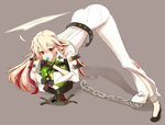  1girl ahoge arc_system_works artist_request ass ball_and_chain ball_and_chain_restraint belt blonde_hair bodysuit candy gloves guilty_gear guilty_gear_xrd guilty_gear_xrd:_revelator halo jack-o_(guilty_gear) legs legs_apart lollipop long_hair mask mask_removed multicolored_hair red_eyes red_hair skin_tight smile solo top-down_bottom-up 
