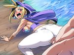  blonde_hair blush brown_eyes cape censored clothed_sex earrings from_behind jewelry looking_back shantae sky_(shantae) torn_clothes vaginal wayforward 