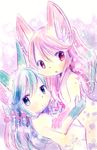  2girls aqua_hair fox furry kemoribon long_hair multiple_girls pink_eyes pink_hair twins 