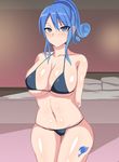  1girl arms_behind_back bare_arms bare_shoulders bed bikini blue_eyes blue_hair blush breasts collarbone fairy_tail highres huge_breasts juvia_loxar legs long_hair looking_at_viewer navel pillow ponytail samurai_(movemusic) shiny shiny_skin smile solo standing swimsuit tattoo thighs thong 