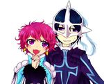  1girl black_hair blush cape earrings fur harold_berselius jacket jewelry judas_(tales) lipstick makeup mask open_mouth pink_hair purple_eyes short_hair tales_of_(series) tales_of_destiny_2 