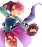  1girl boots breasts cleavage earrings frills fur harold_berselius jewelry lips one_eye_closed pink_hair purple_eyes short_hair tales_of_(series) tales_of_destiny_2 thigh_boots 