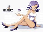  beauty_(pokemon) grin high_heels long_legs npc_trainer poke_ball pokemon pokemon_(game) purple_eyes purple_hair sitting skirt smile vivivoovoo wink 