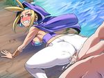  1girl blonde_hair blush brown_eyes cape censored clothed_sex cum cum_in_pussy earrings jewelry looking_back shantae sky_(shantae) solo_focus torn_clothes vaginal wayforward 