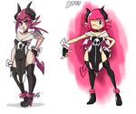  1girl bat_wings bigdead93 disgaea fingerless_gloves gloves high_heels horns older pink_eyes pink_hair raspberyl short_hair tail thighhighs wings 