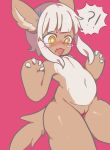  2019 anthro blush brown_fur conditional_dnp crybleat digital_media_(artwork) embarrassed female fur hair hi_res kemono lagomorph looking_at_viewer made_in_abyss mammal nanachi narehate nude open_mouth pussy rabbit solo thick_thighs whiskers white_hair yellow_eyes young 