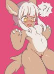  anthro blush breasts brown_fur conditional_dnp crybleat digital_media_(artwork) embarrassed female fur hair hi_res kemono lagomorph looking_at_viewer made_in_abyss mammal nanachi narehate open_mouth pussy rabbit solo thick_thighs whiskers white_hair yellow_eyes young 