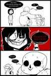  3koma ^_^ androgynous annoying_dog black_hair chara_(undertale) closed_eyes comic commentary constricted_pupils dark_persona dog english evil_grin evil_smile frisk_(undertale) glowing glowing_eye grin hood hoodie hot_dog joke knife long_tongue on_head palidoozy-art sans shirt skeleton smile spoilers spot_color squatting stacking striped striped_shirt sweat sweating_profusely tongue undertale 