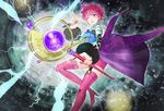  1girl boots breasts cleavage dagger earrings fur harold_berselius jewelry lightning lips magic one_eye_closed open_mouth pink_hair purple_eyes short_hair shorts staff tales_of_(series) tales_of_destiny_2 thigh_boots weapon wink 