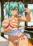  1girl bra breasts female food green_eyes green_hair ikkitousen large_breasts panties ryofu_housen solo standing torn_clothes underwear 
