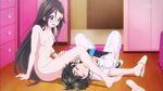  1boy 1girl areolae barefoot black_hair blush breasts feet hair_ornament highres ichijou_haruhiko izumi_reina long_hair musaigen_no_phantom_world nipples nude_filter shoes_removed single_shoe small_breasts thigh_grab toes 