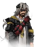  1boy armband artist_request cigar commentary_request cosplay eyepatch girls_frontline grey_hair highres jack-o&#039;-lantern korean_commentary metal_gear_(series) metal_gear_solid_v necktie prosthesis prosthetic_arm smoking solo ump45_(girls_frontline) ump45_(girls_frontline)_(cosplay) venom_snake 
