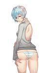 :o ass ayanami_rei backless_outfit bad_id bad_pixiv_id blue_hair flat_ass harabacho_(gkfkqkch1) looking_at_viewer looking_back neon_genesis_evangelion panties red_eyes short_hair side-tie_panties solo striped striped_panties sweater underwear white_background 