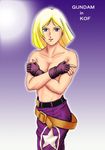  belt blonde_hair blue_eyes blue_mary blue_mary_(cosplay) cosplay covering covering_breasts crossover fatal_fury fingerless_gloves gloves gundam king_of_fighters mobile_suit_gundam sayla_mass snk topless 