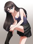  1girl absurdres aqua_eyes bare_legs bare_shoulders black_skirt breasts brown_hair cleavage collarbone dressing fate/stay_night fate_(series) female gradient gradient_background hair_down highres leaning leaning_forward leg_lift legs looking_at_viewer off_shoulder pleated_skirt shimo_(s_kaminaka) single_thighhigh skirt smile solo strap_slip tank_top thighhighs thighhighs_pull tohsaka_rin very_long_hair 