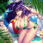  1girl 2boys ball beach beachball blush breasts cleavage erect_nipples happy kashi_kosugi large_breasts leaning_forward long_hair looking_at_viewer multiple_boys palm_trees purple_hair smile swimsuit yellow_eyes 