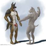  2019 abs anthro anthro_on_anthro butt canid canine canis clothing domestic_dog domination duo hypnosis jockstrap male male/male male_domination mammal mind_control muscular muscular_male nipples nude open_mouth sampsonwoof simple_background smile spiral_eyes story story_in_description submissive_male tongue tongue_out underwear 