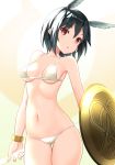  1girl bell_(oppore_coppore) bikini black_hair bracelet breasts bright_pupils fate/grand_order fate_(series) hair_between_eyes head_wings highres holding holding_shield holding_spear holding_weapon jewelry navel open_mouth ortlinde_(fate/grand_order) polearm red_eyes shield short_hair small_breasts solo spear standing swimsuit valkyrie_(fate/grand_order) weapon white_bikini 