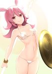  1girl bell_(oppore_coppore) bikini bracelet breasts bright_pupils fate/grand_order fate_(series) head_wings highres hildr_(fate/grand_order) holding holding_shield holding_spear holding_weapon jewelry long_hair navel pink_hair polearm red_eyes shield small_breasts smile solo spear standing swimsuit valkyrie_(fate/grand_order) weapon white_bikini 